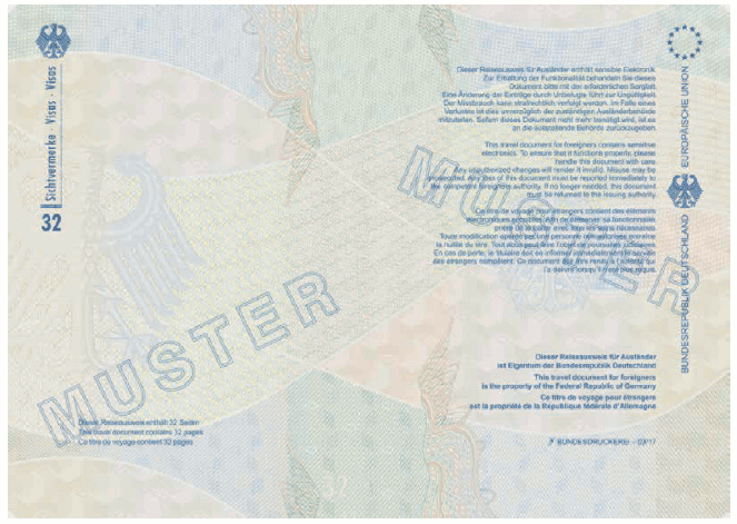 Ausweismuster Reiseausweis für Ausländer, Passbuchinnenseite 32 und Vorsatz des hinteren Einbandes (BGBl. 2017 I S. 235)