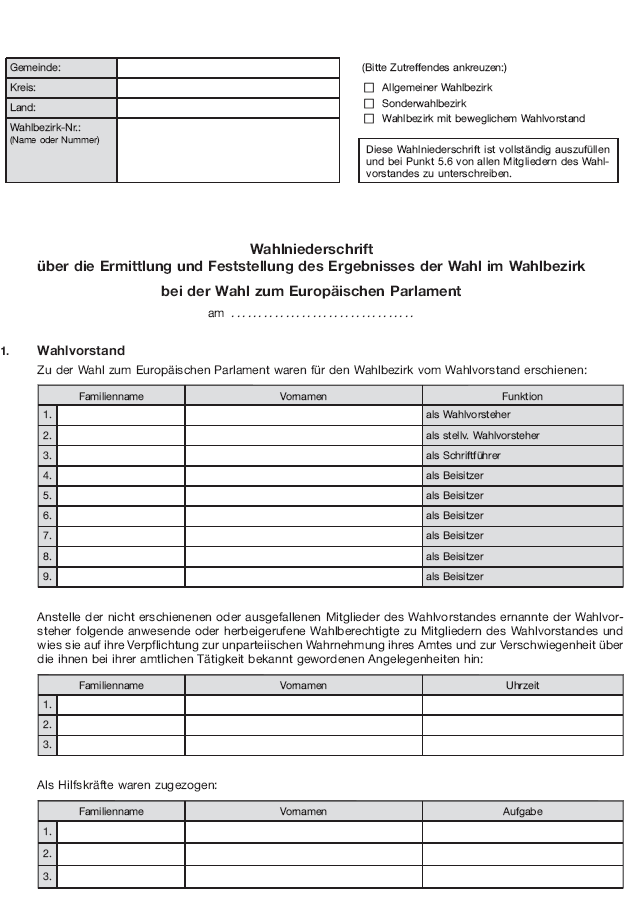 Wahlniederschrift über die Ermittlung und Feststellung des Ergebnisses der Wahl im Wahlbezirk bei der Wahl zum Europäischen Parlament, Seite 1 (BGBl. 2018 I S. 594)