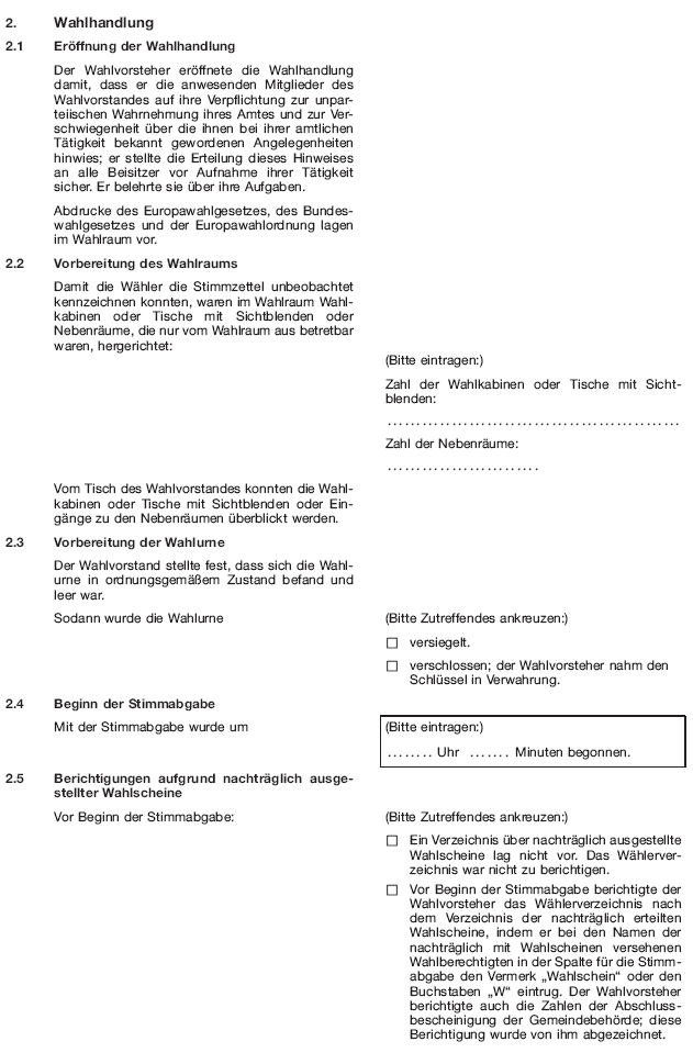 Wahlniederschrift über die Ermittlung und Feststellung des Ergebnisses der Wahl im Wahlbezirk bei der Wahl zum Europäischen Parlament, Seite 2 (BGBl. 2018 I S. 595)