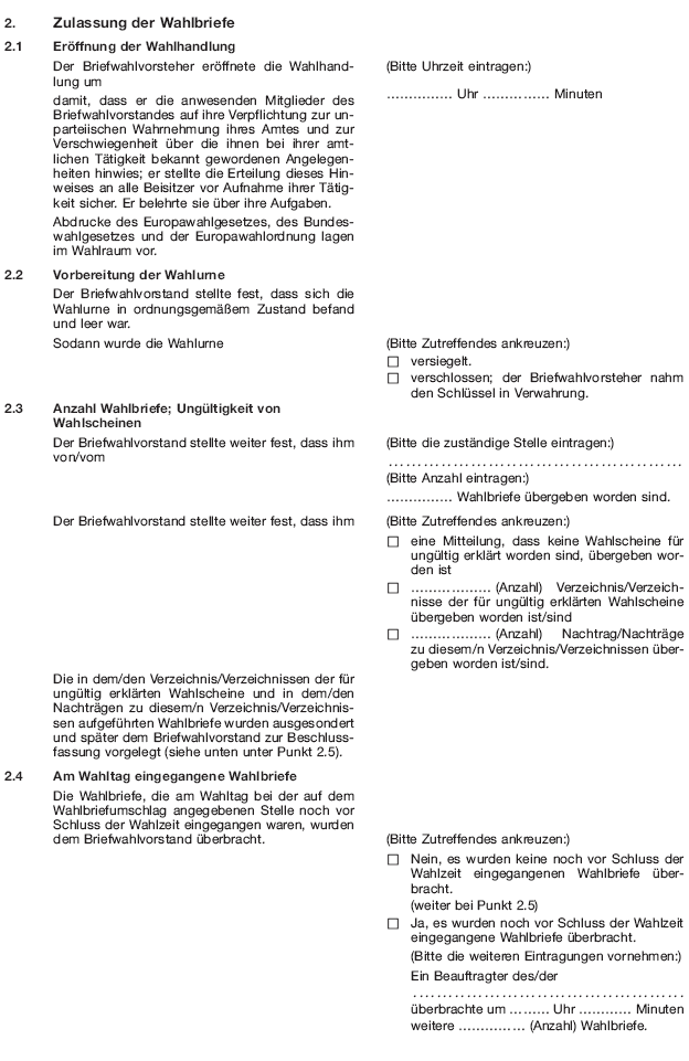 Wahlniederschrift über die Ermittlung und Feststellung des Ergebnisses der Briefwahl bei der Wahl zum Europäischen Parlament, Seite 2 (BGBl. 2018 I S. 607)