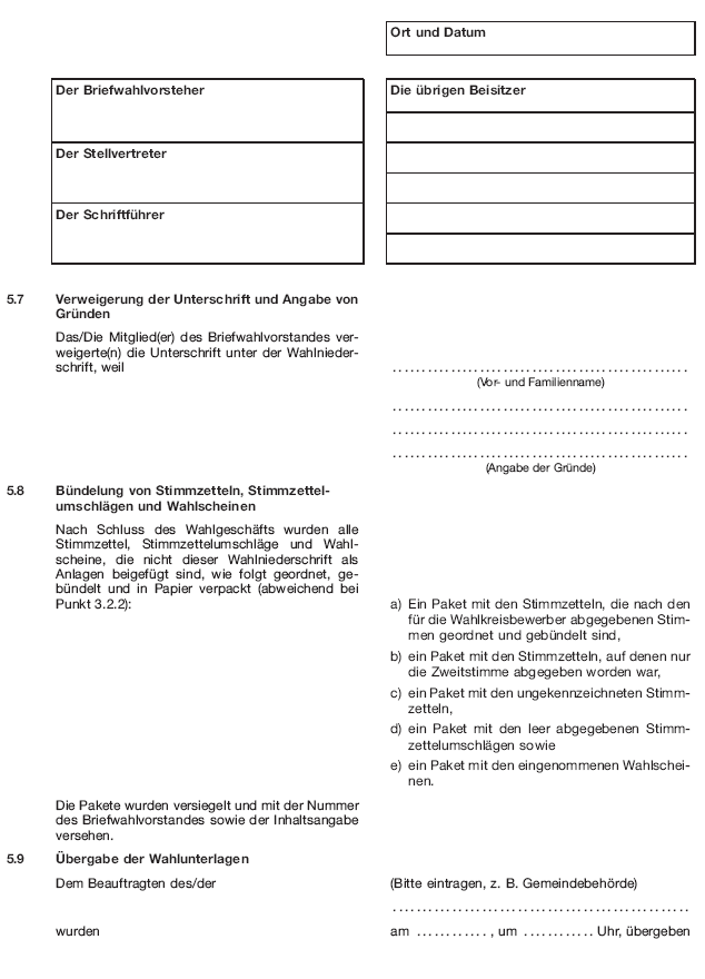 Wahlniederschrift über die Ermittlung und Feststellung des Ergebnisses der Briefwahl, Seite 11 (BGBl. 2020 I S. 232)
