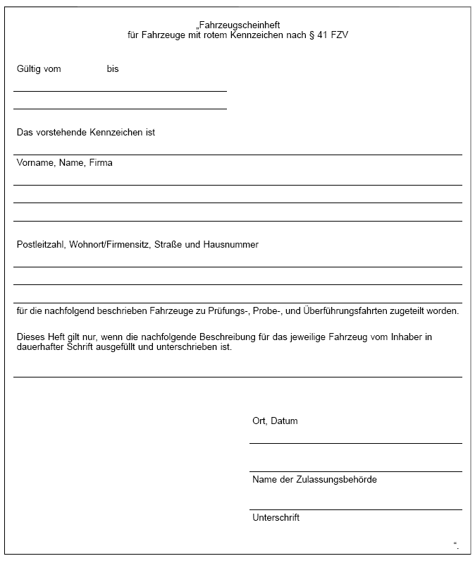 Muster Fahrzeugscheinheft für Fahrzeuge mit rotem Kennzeichen (BGBl. 2024 I Nr. 191 S. 42)