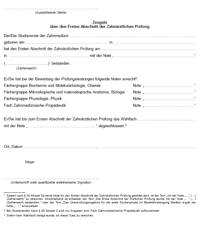 Zeugnis über den Ersten Abschnitt der Zahnärztlichen Prüfung (BGBl. 2024 I Nr. 360 S. 10)