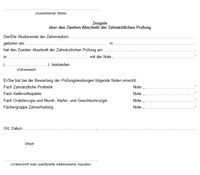 Zeugnis über den Zweiten Abschnitt der Zahnärztlichen Prüfung (BGBl. 2024 I Nr. 360 S. 11)